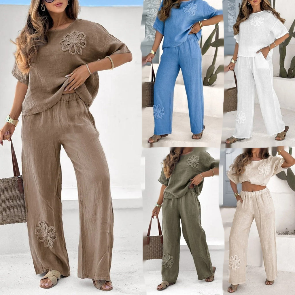 Conjunto feminino de 2 peças, plus size, bordado, casual, cintura alta, calças soltas