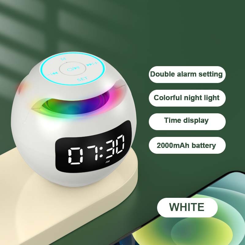 Mini alto-falante Bluetooth com alarme duplo e luz noturna colorida