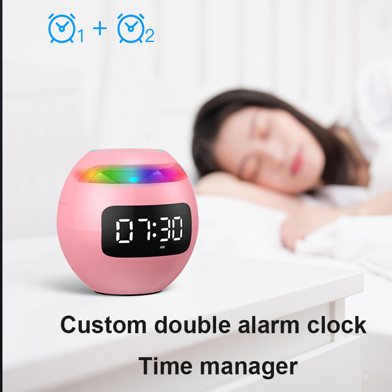 Mini alto-falante Bluetooth com alarme duplo e luz noturna colorida