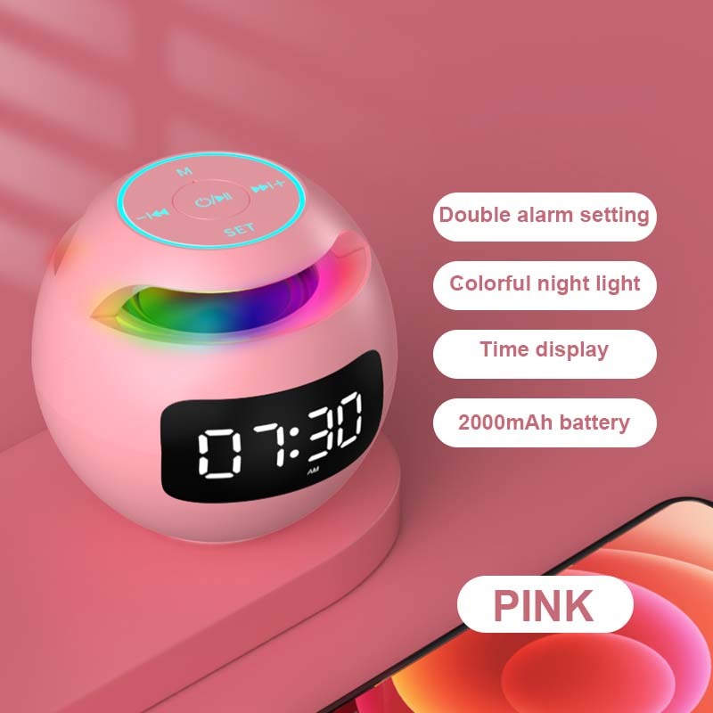 Mini alto-falante Bluetooth com alarme duplo e luz noturna colorida
