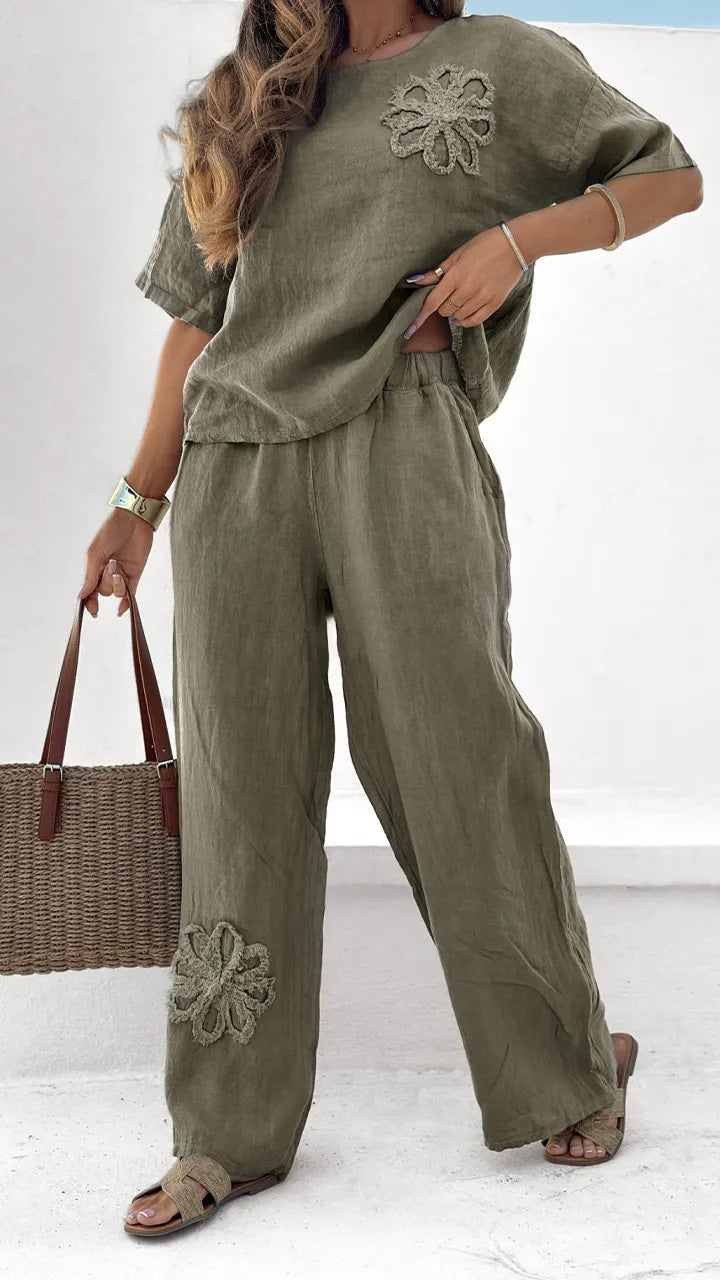 Conjunto feminino de 2 peças, plus size, bordado, casual, cintura alta, calças soltas