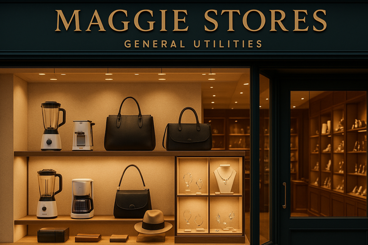 loja de utilidades em geral com produtos eletrodomesticos, acessorios e joias com destaques em uma linda vitrine e com o nome da loja MAGGIE STORES